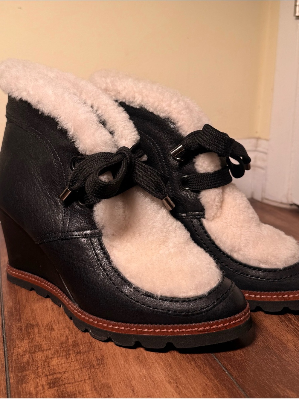 Fabianelli Black Leather Wedge Bootie with Cream Shearling Trim